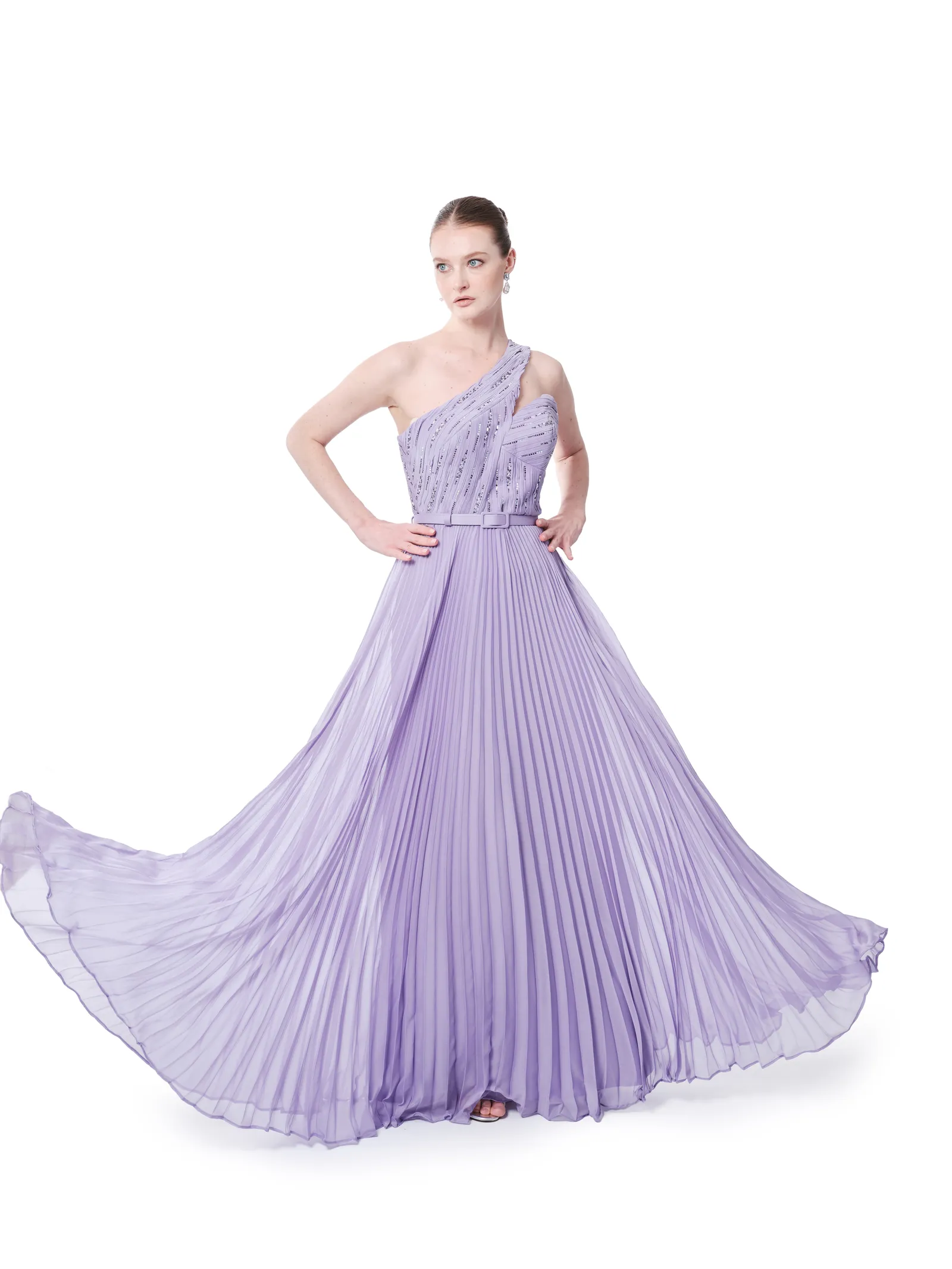 One shoulder long evening dress with pleated skirt and beaded detail