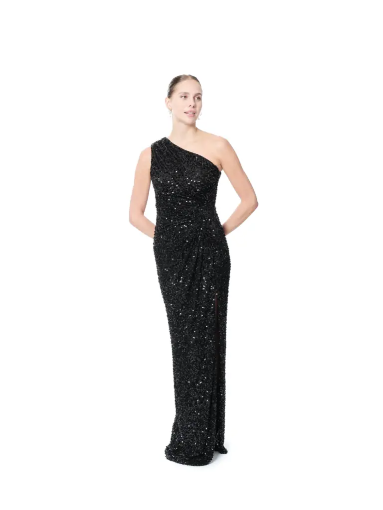 One shoulder evening dress sequin high slit