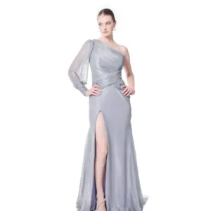 One shoulder long evening dress shimmer fabric with high slit