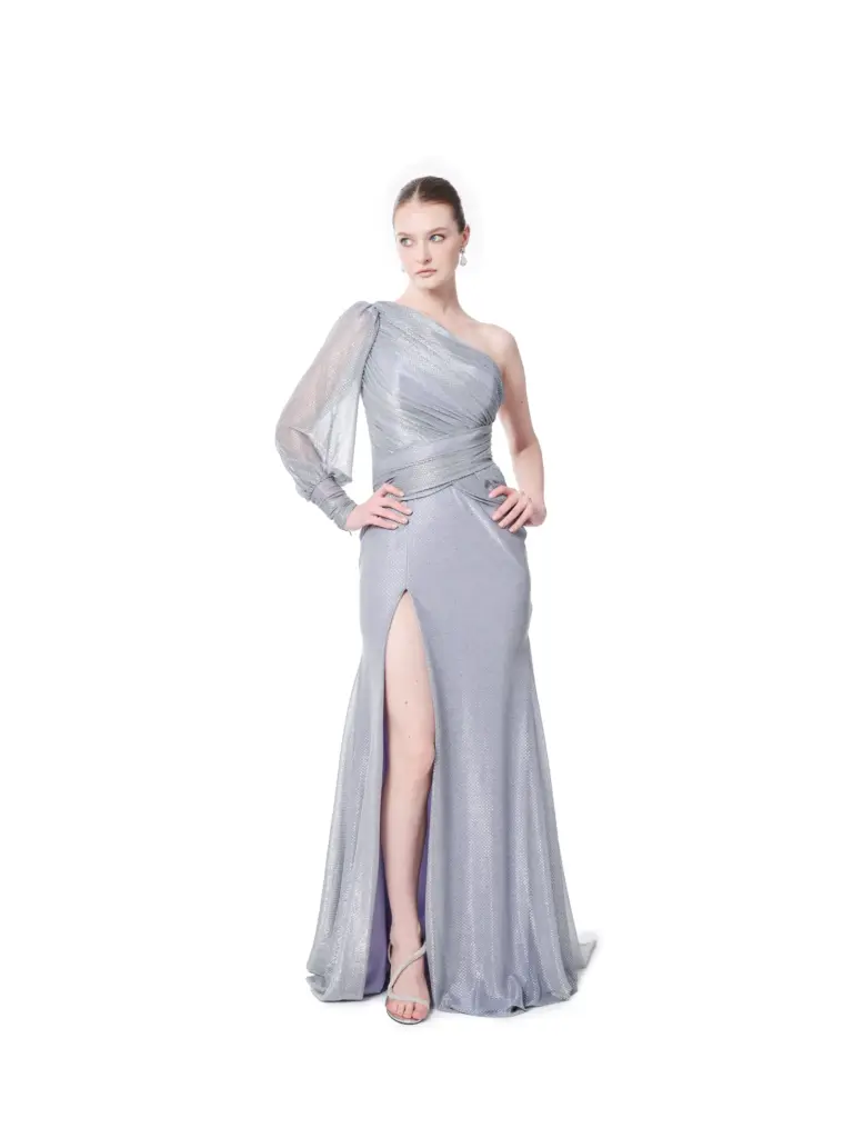 One shoulder long evening dress shimmer fabric with high slit