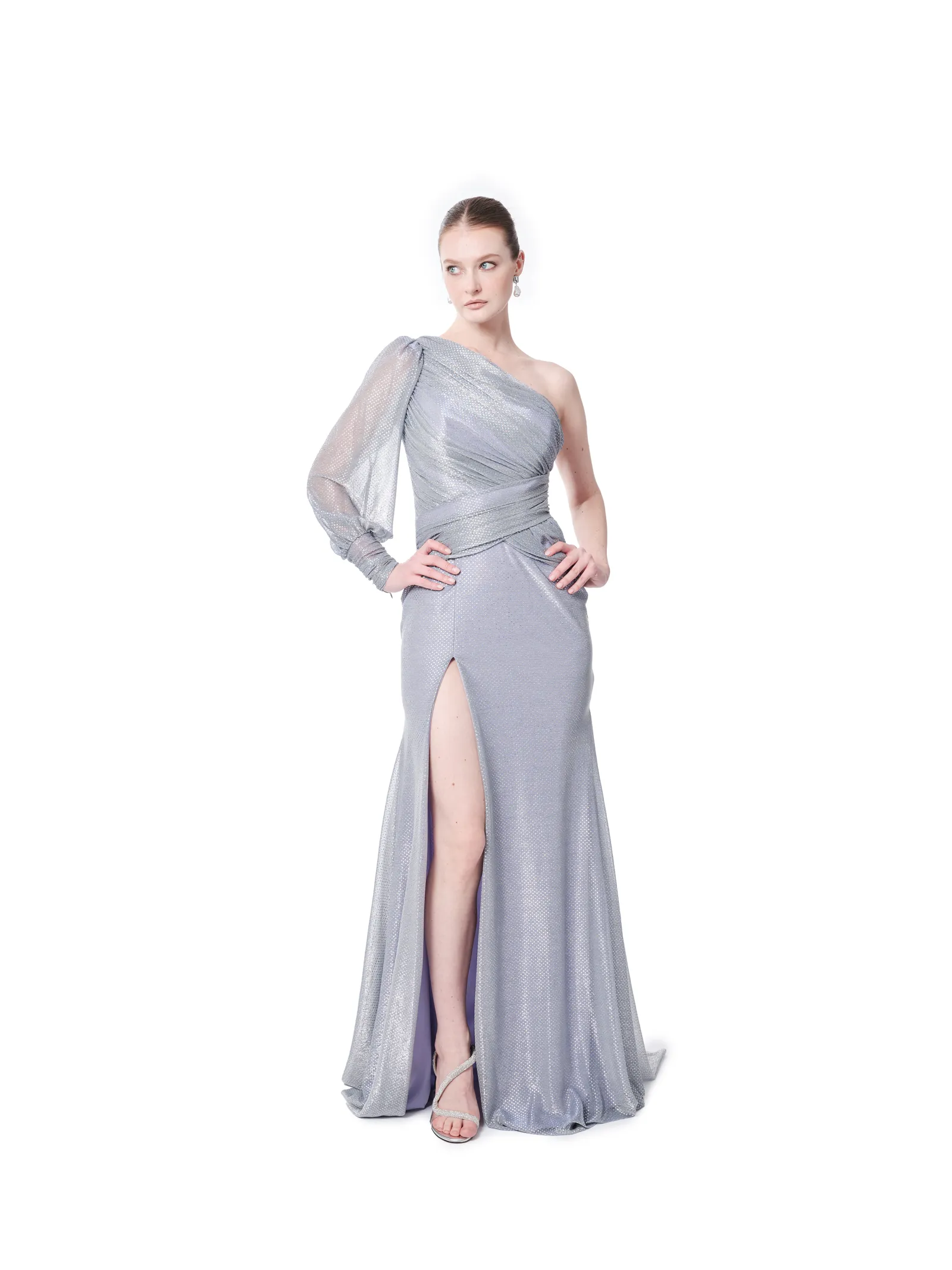 One shoulder long evening dress shimmer fabric with high slit