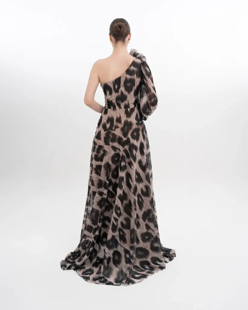 Floral One Shoulder Evening Gown Puffed Sleeve with High Slit