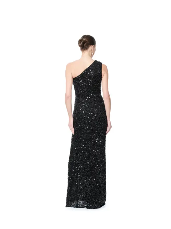 One shoulder evening gown sequin slit
