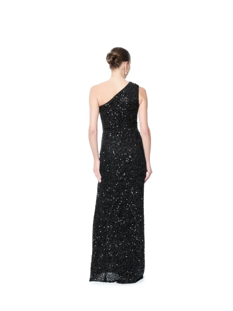 One shoulder evening gown sequin slit
