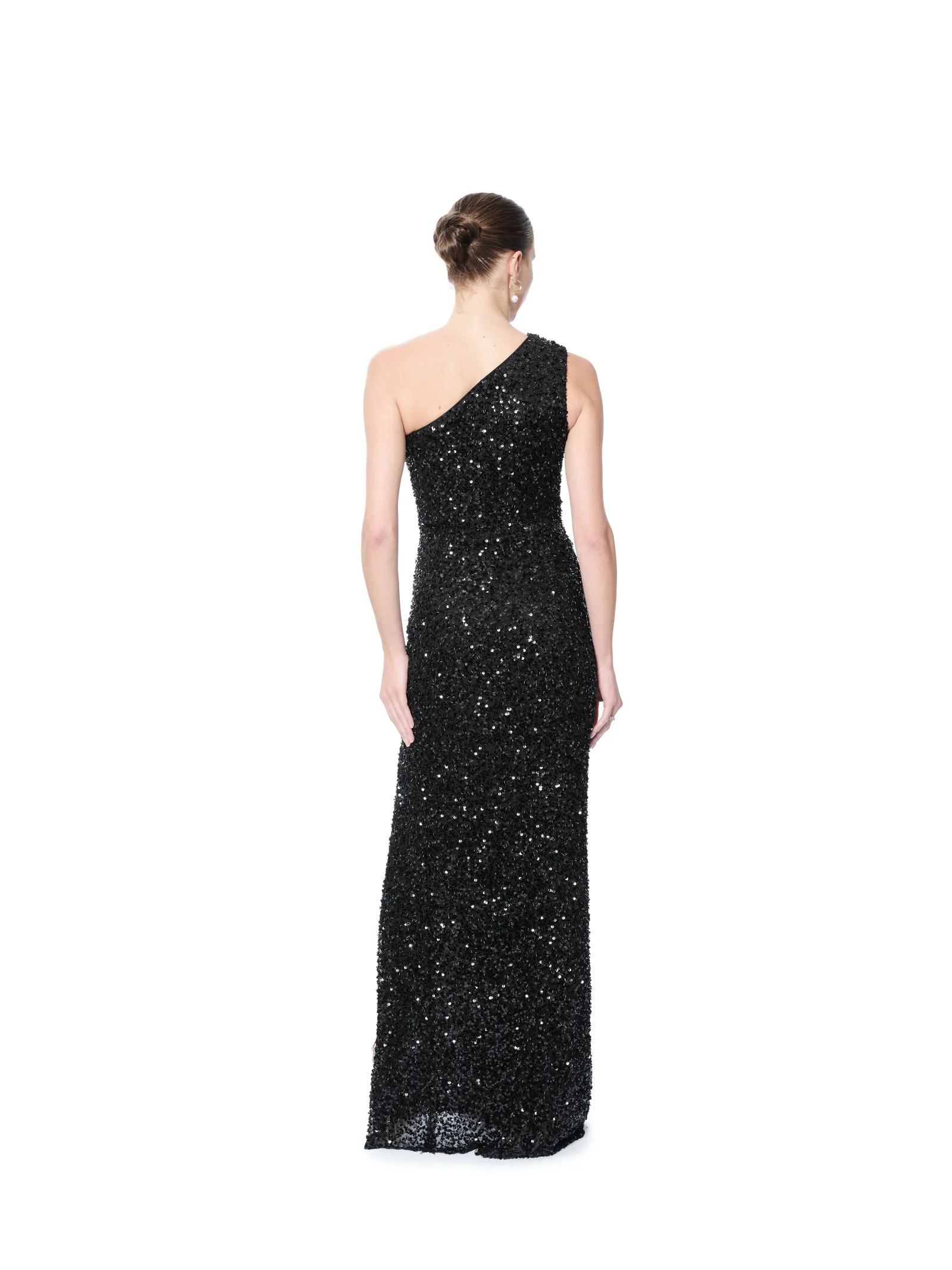 One shoulder evening gown sequin slit