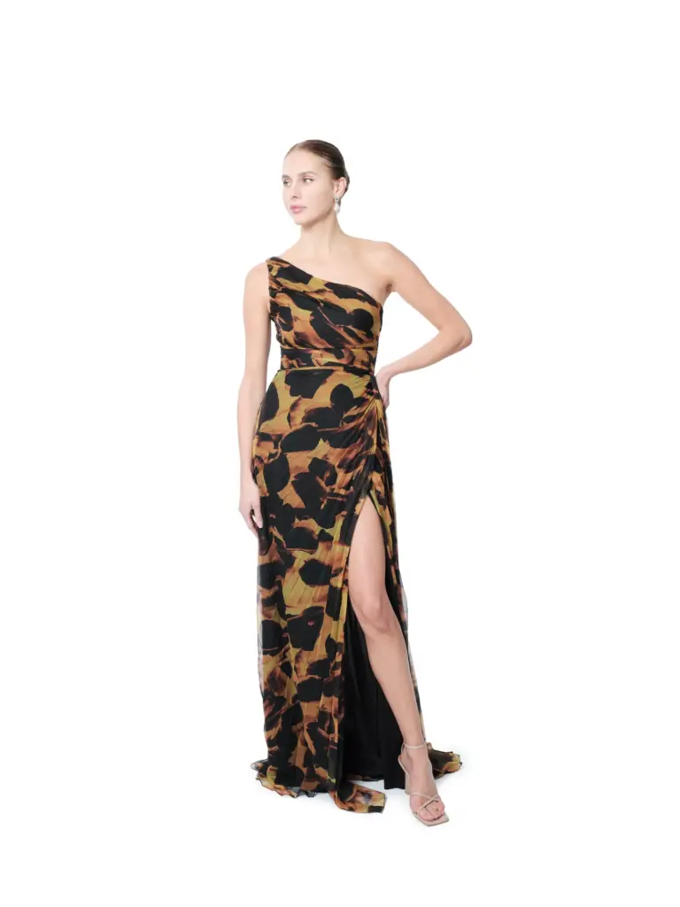 One shoulder formal dress abstract print pleated