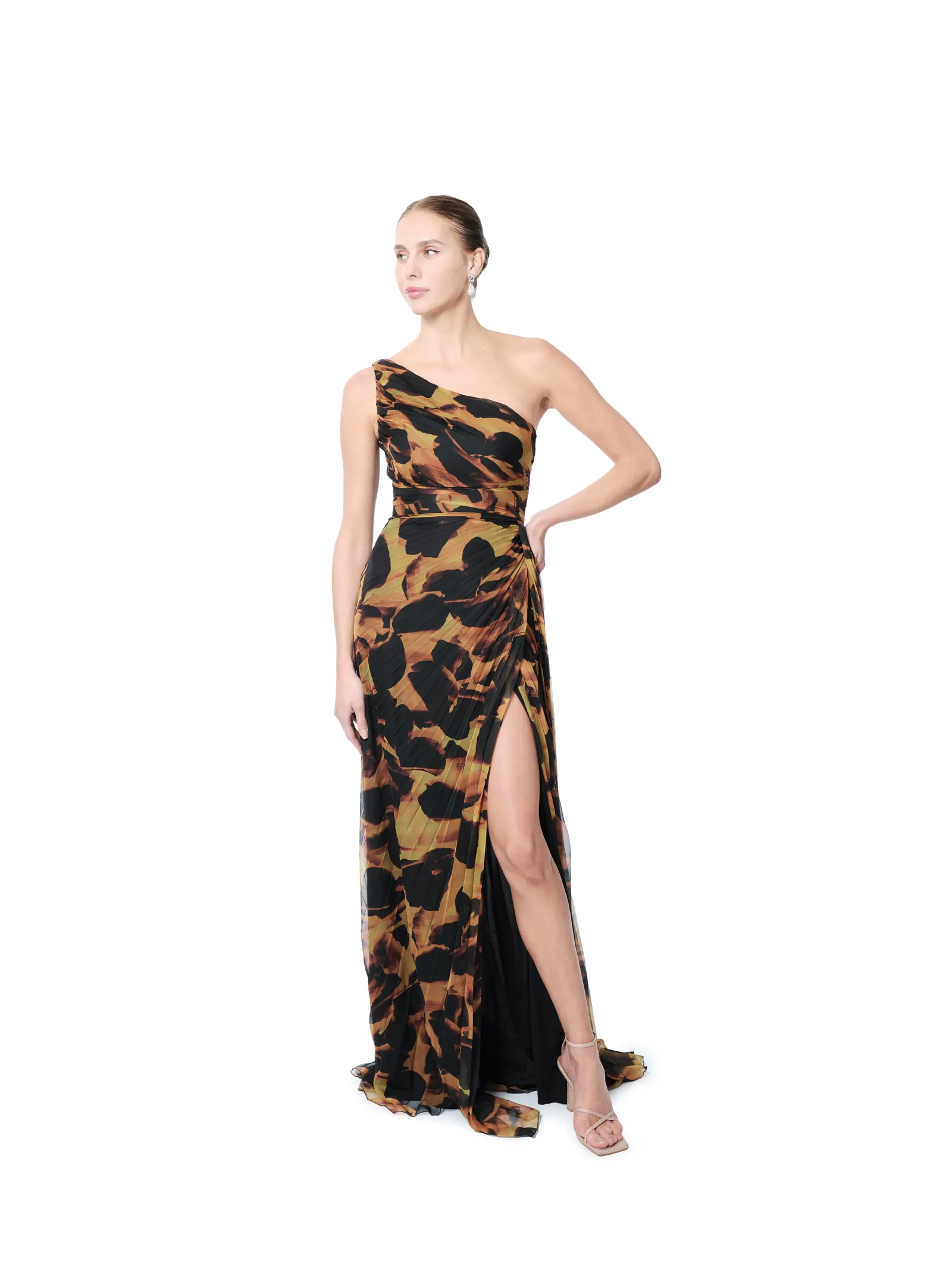 One shoulder formal dress abstract print pleated