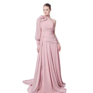 Floral One Shoulder Evening Gown Puffed Sleeve with High Slit