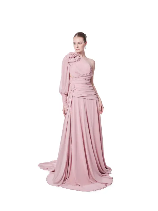 Floral One Shoulder Evening Gown Puffed Sleeve with High Slit