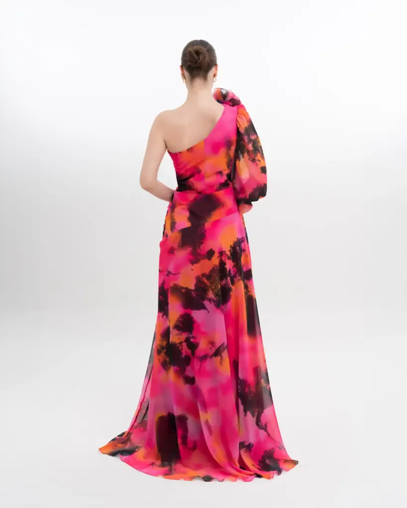 Floral One Shoulder Evening Gown Puffed Sleeve with High Slit