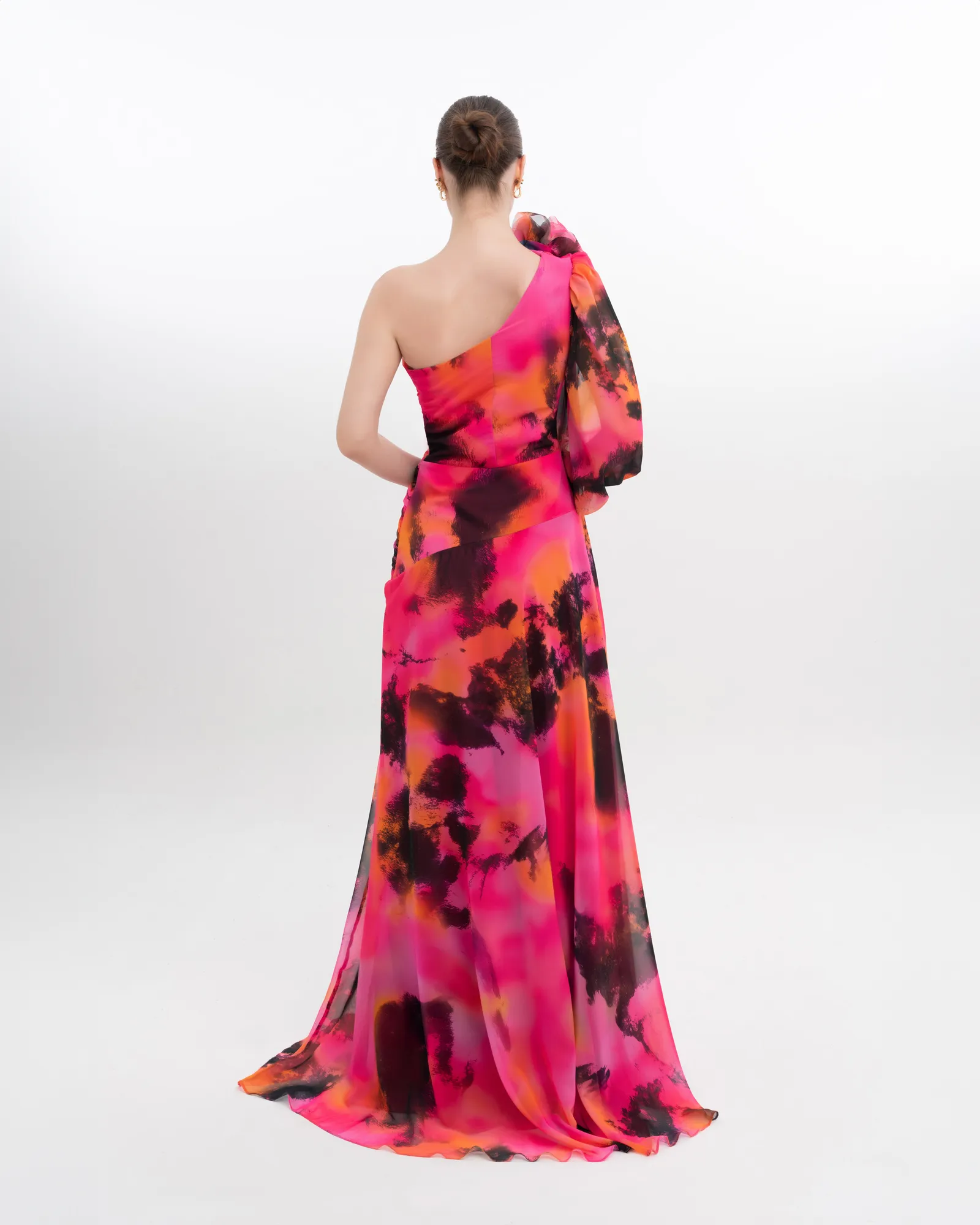 Floral One Shoulder Evening Gown Puffed Sleeve with High Slit