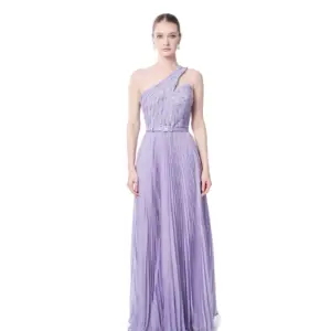 One shoulder formal gown pleated beaded