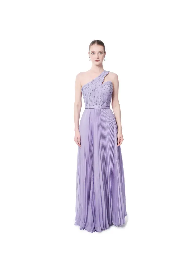 One shoulder formal gown pleated beaded