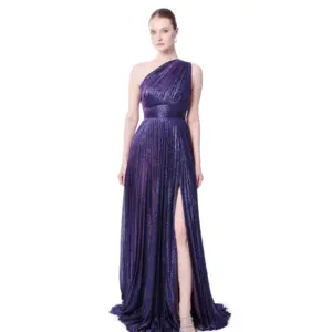 One shoulder glitter evening dress with high slit