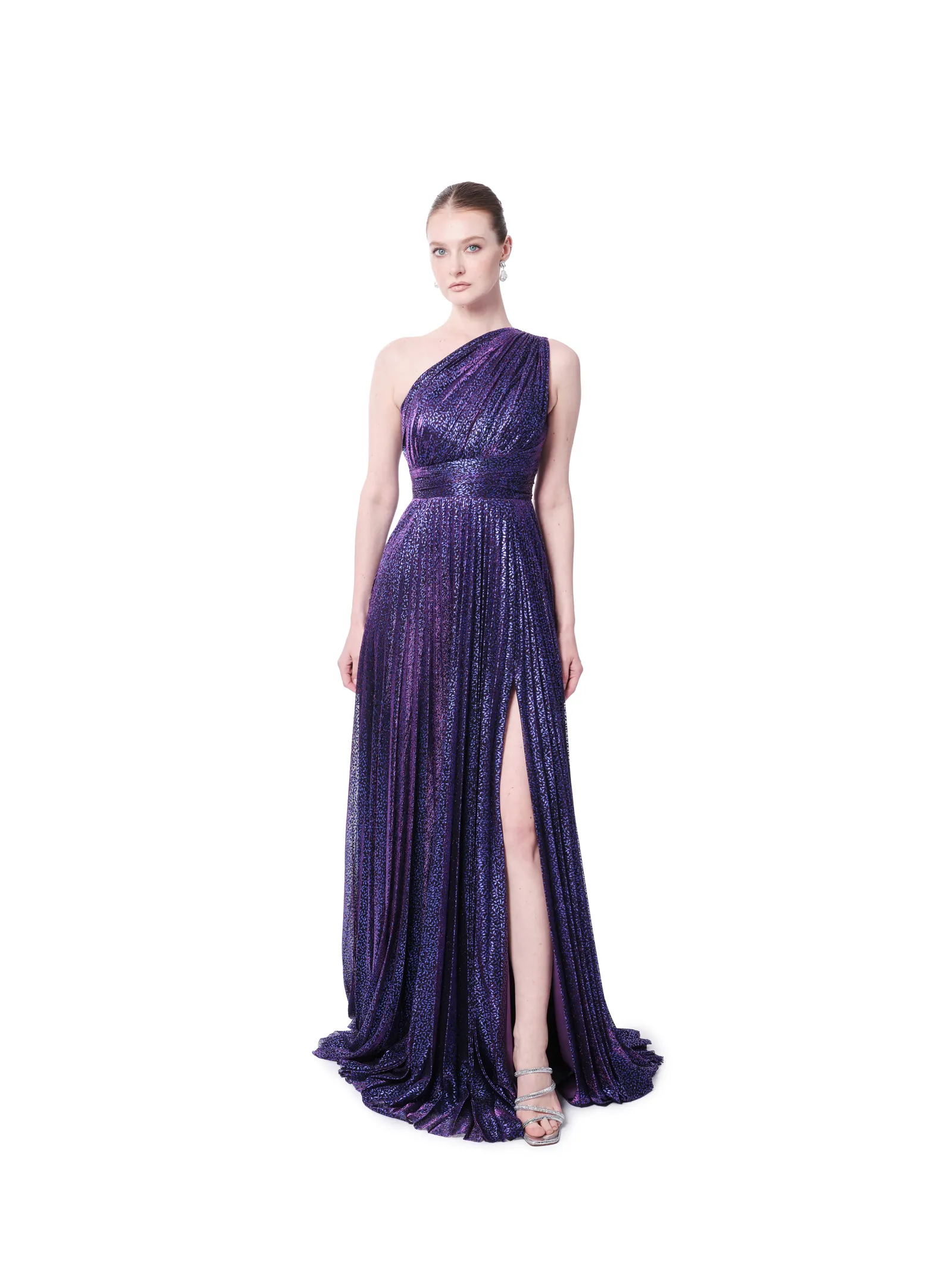 One shoulder glitter evening dress with high slit