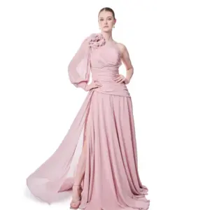 Floral One Shoulder Evening Gown Puffed Sleeve with High Slit