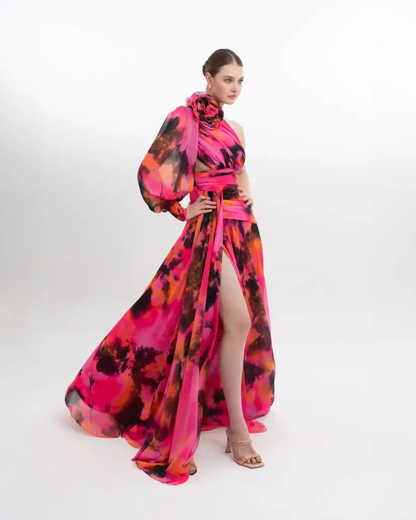 Floral One Shoulder Evening Gown Puffed Sleeve with High Slit