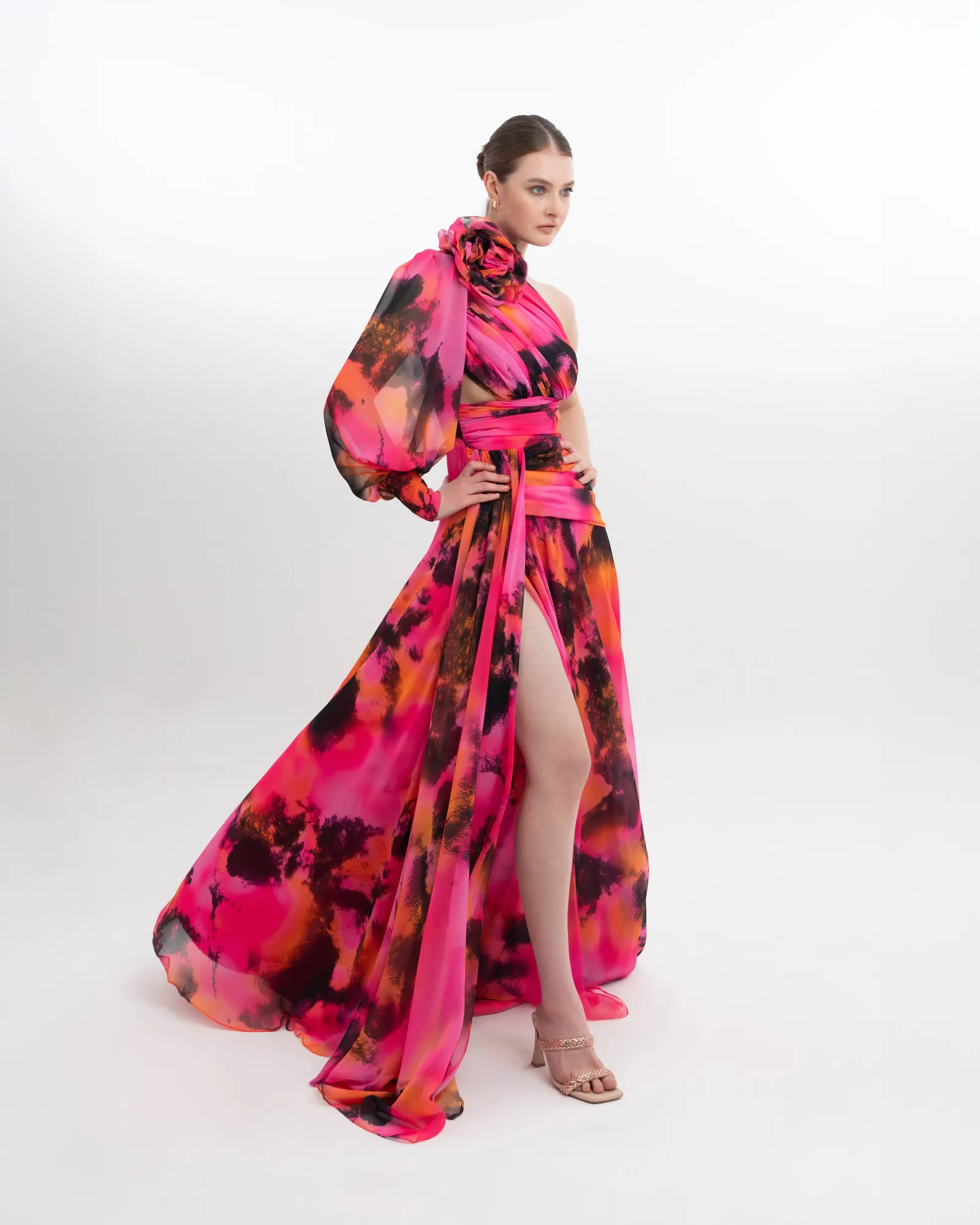 Floral One Shoulder Evening Gown Puffed Sleeve with High Slit