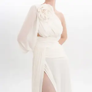 Floral One Shoulder Evening Gown Puffed Sleeve with High Slit