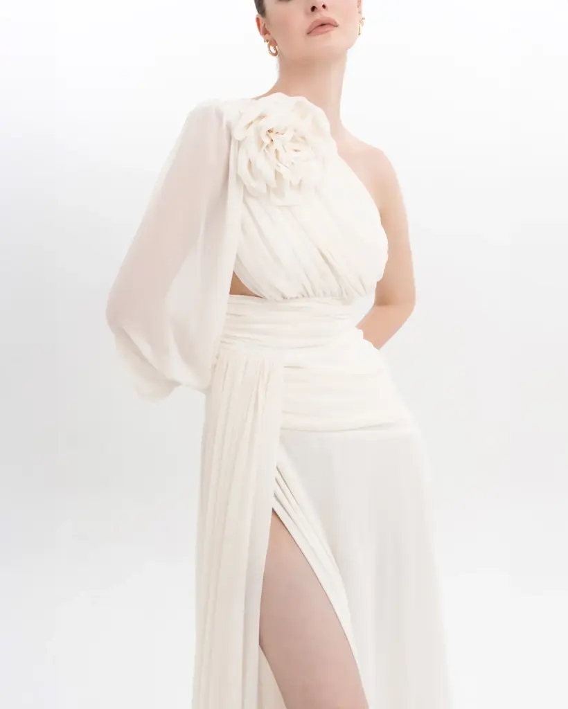 Floral One Shoulder Evening Gown Puffed Sleeve with High Slit