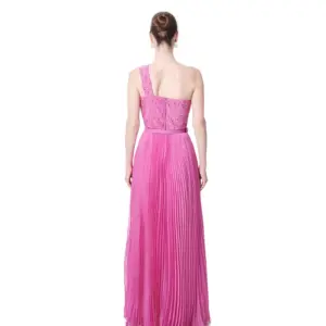 One shoulder gown pleated skirt beaded back