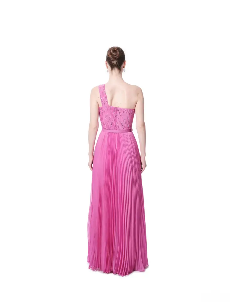 One shoulder gown pleated skirt beaded back