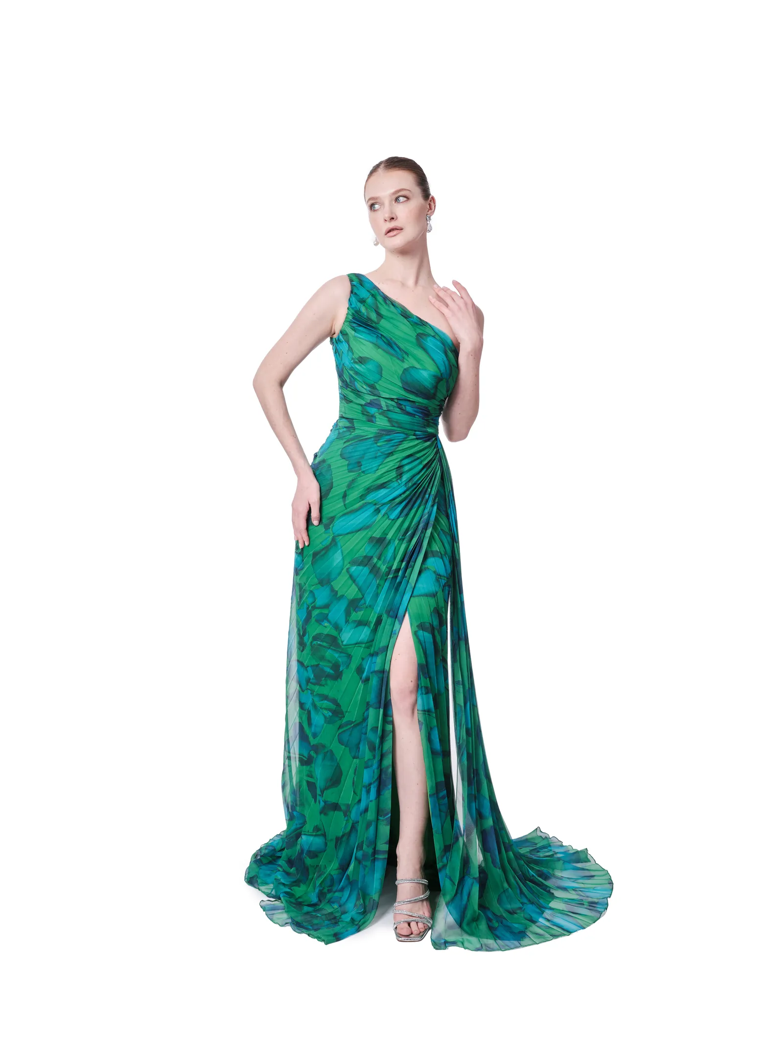 One shoulder pleated evening dress abstract print with high slit