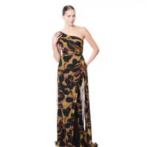 One shoulder pleated gown abstract print back
