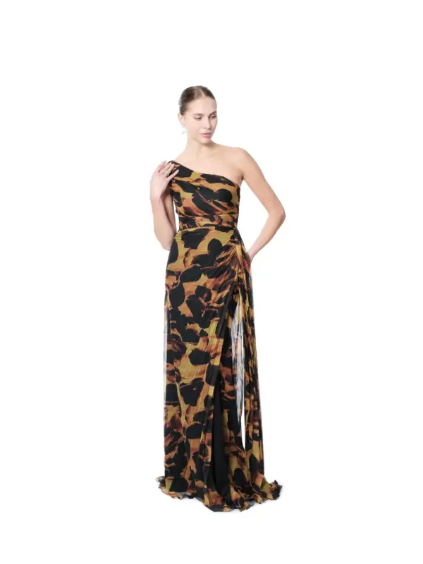 Amber One Shoulder Evening Gown Abstract Print High Slit