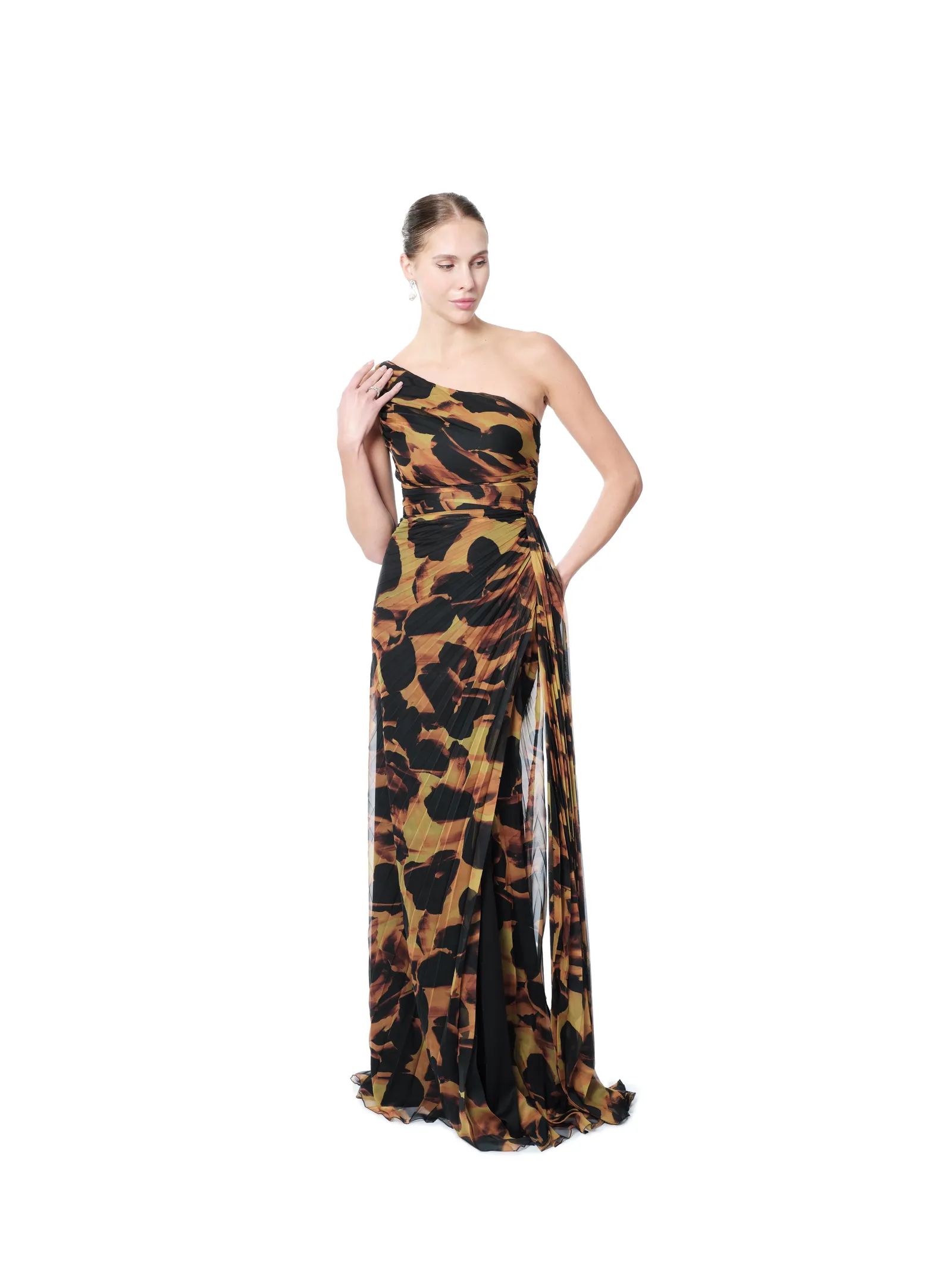 One shoulder pleated gown abstract print back