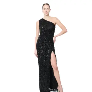 One shoulder sequin gown high slit back