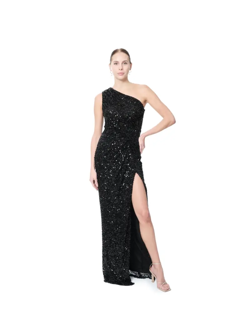 One shoulder sequin gown high slit back