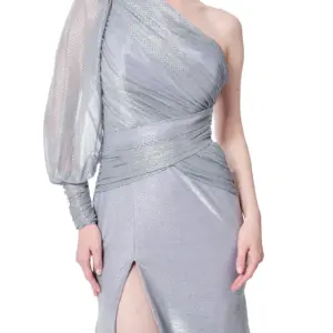 One shoulder shimmer dress high slit evening