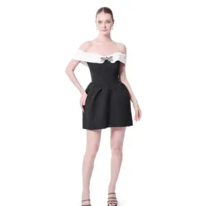 Pleated cocktail dress bow detail off shoulder side view