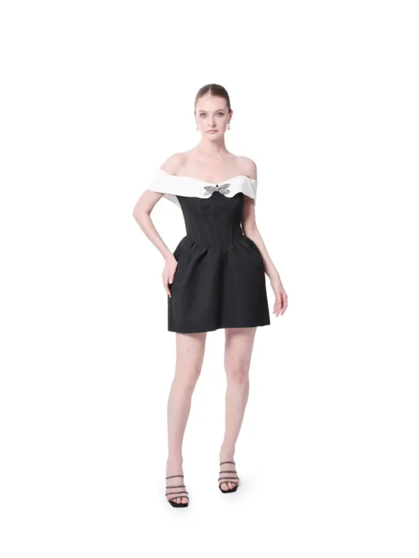 Pleated cocktail dress bow detail off shoulder side view