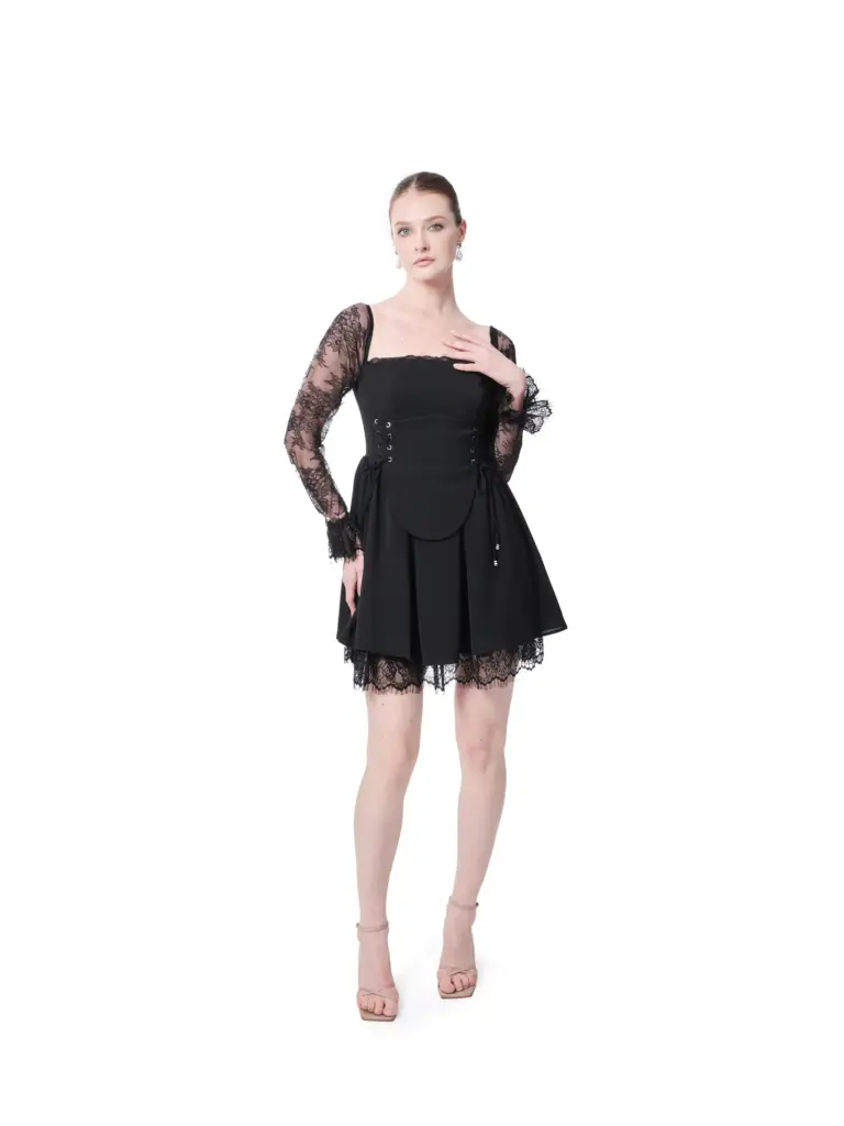 Pleated cocktail dress lace bodice long sleeves