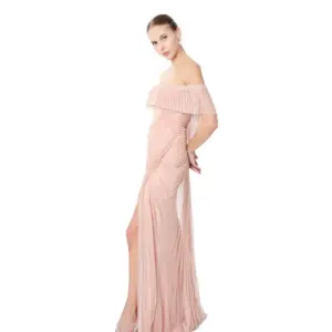 Pleated evening dress off shoulder sheer
