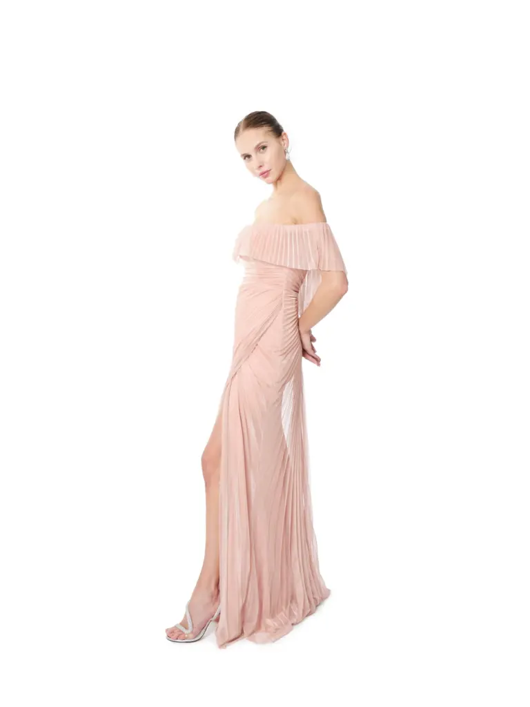 Pleated evening dress off shoulder sheer