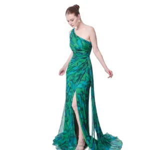 Pleated evening dress one shoulder abstract