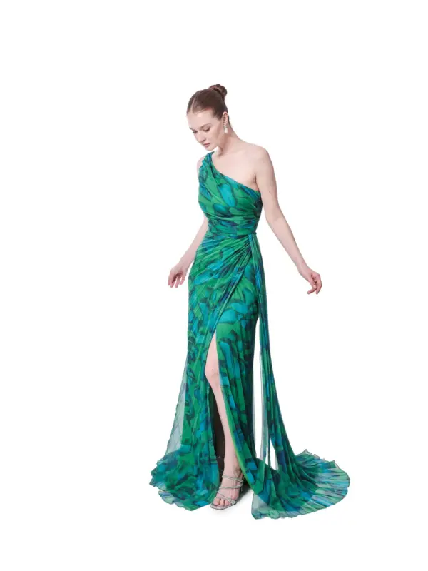 Pleated evening dress one shoulder abstract