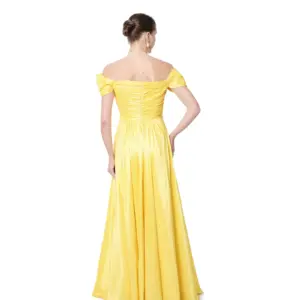 Pleated evening gown metallic off shoulder