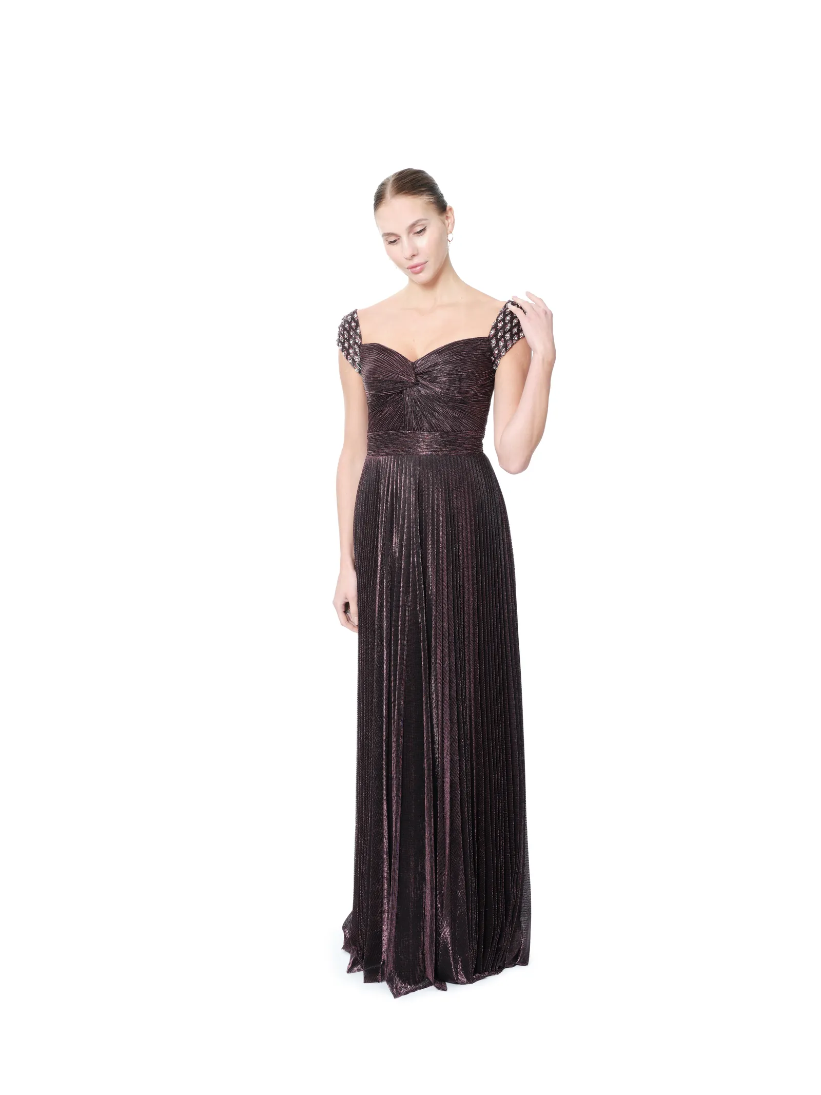 Pleated evening gown metallic sweetheart neckline