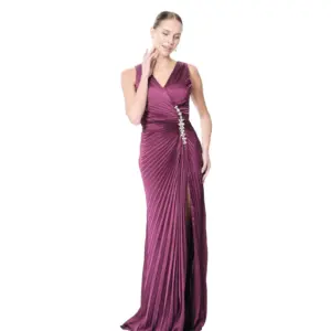 Pleated formal dress crystal waist evening