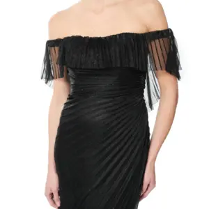 Pleated gown off shoulder with sheer overlay
