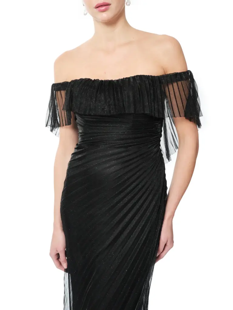 Pleated gown off shoulder with sheer overlay