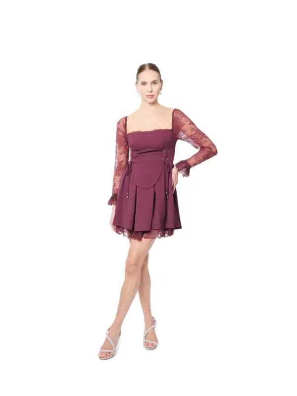 Pleated lace cocktail dress with long sleeves