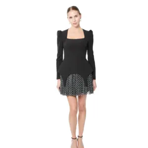 Polka dot cocktail dress long sleeve with puff shoulders