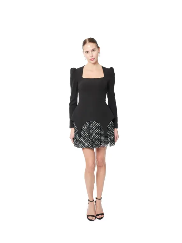 Polka dot cocktail dress long sleeve with puff shoulders