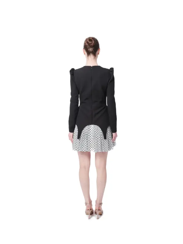 Polka dot dress long sleeve puff shoulder back