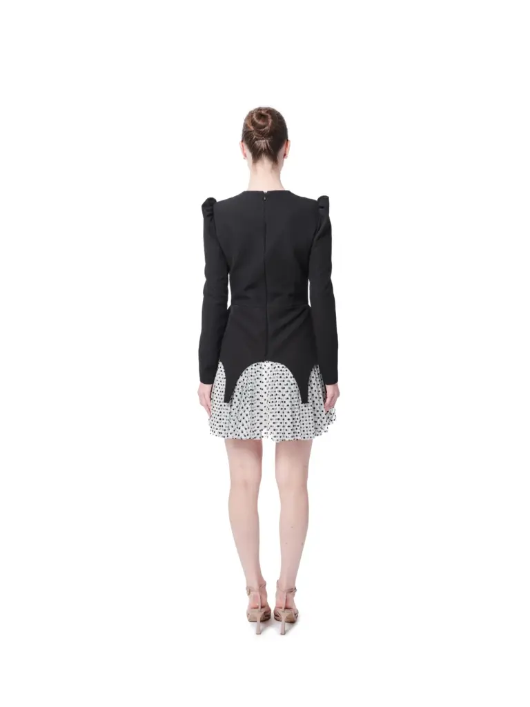 Polka dot dress long sleeve puff shoulder back